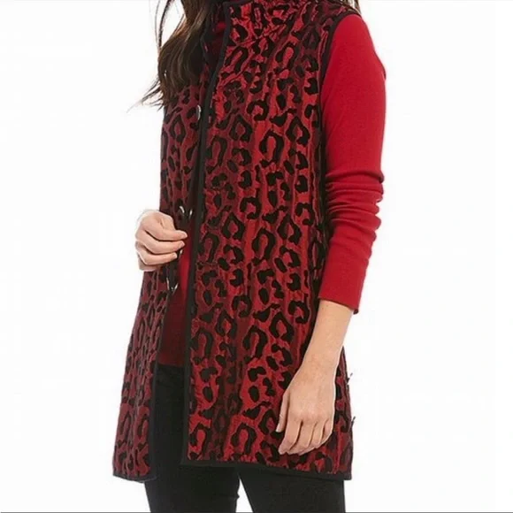 NWT John Mark Black Velvet Red Leopard Button Vest L - Picture 1 of 7